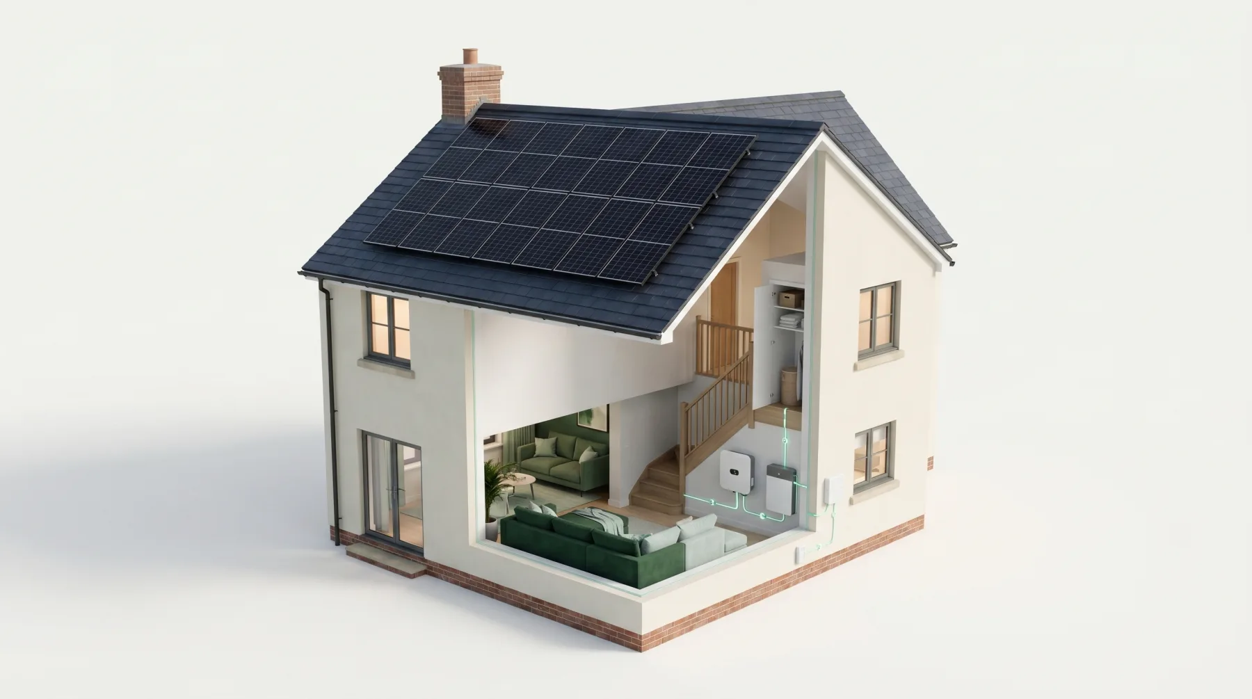 Cutaway of a UK home with solar panels, inverter, and battery