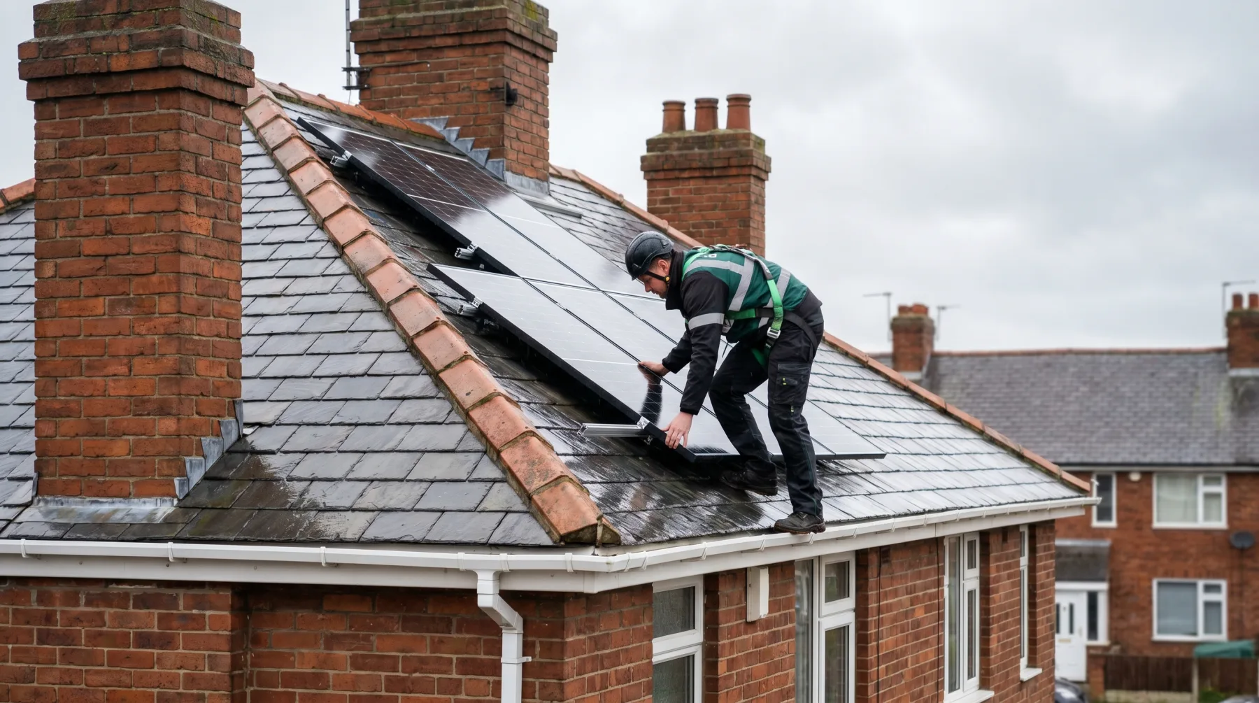 Installer aligning solar panels on a UK slate roof